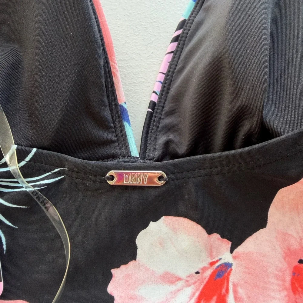 DKNY Women S Black Pink Blue Tropical Floral Halter One Piece Swimsuit Beach NWT - Picture 12 of 13